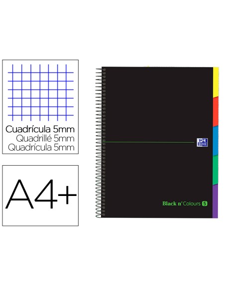 Cuaderno espiral oxford ebook 5 tapa extradura din a4+ 100 h con separadores cuadricula 5 mm black'n colors verde