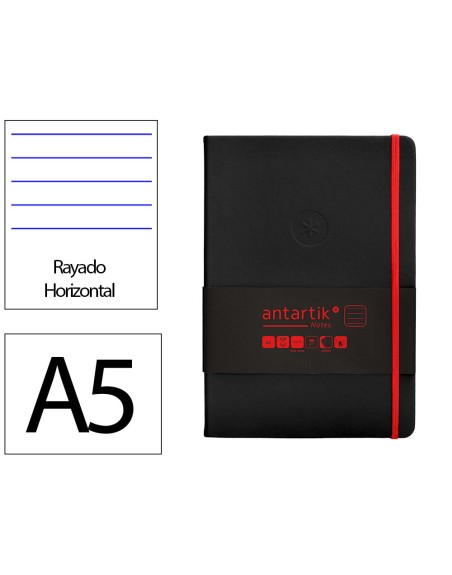 Cuaderno con gomilla antartik notes tapa dura a5 hojas rayas negro y rojo 100 hojas 80 gr fsc