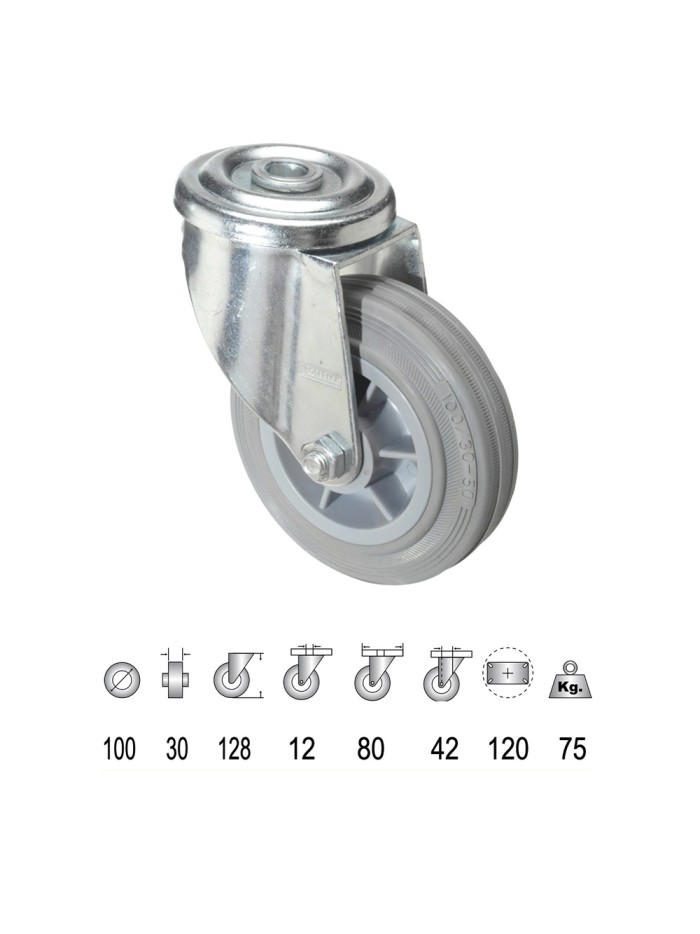 Rueda Industrial Goma Gris Pasante 100 mm.