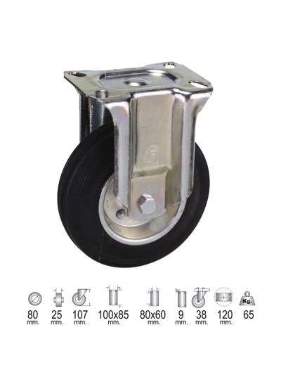 Rueda Industrial Goma Negra Fija   80 mm.
