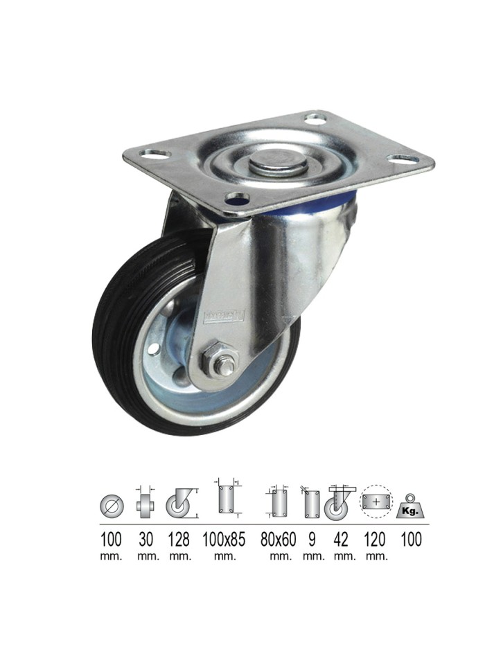Rueda Industrial Goma Negra Placa  100 mm.