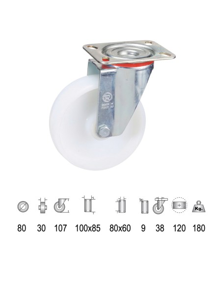 Rueda Industrial Nylon Placa   80 mm.