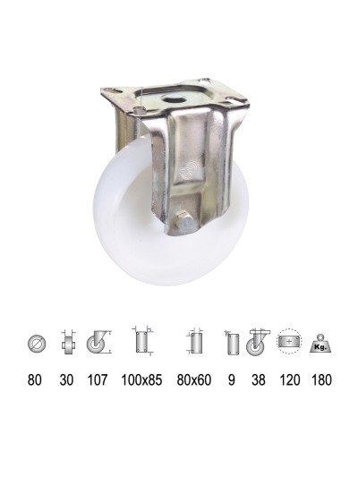 Rueda Industrial Nylon Placa Fija   80 mm.
