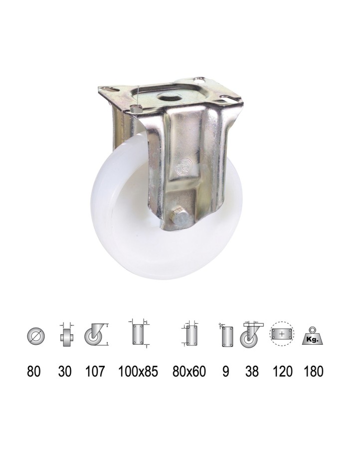 Rueda Industrial Nylon Placa Fija   80 mm.