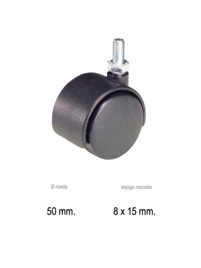 Rueda Domestica Nylon Negro Espiga M10x50 mm.