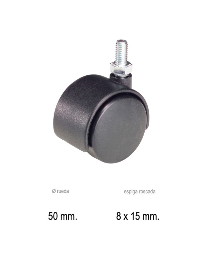 Rueda Domestica Nylon Negro Espiga M10x50 mm.