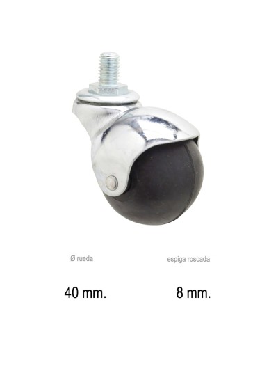 Rueda Domestica Goma Negra Esfera Espiga M8x40 mm.