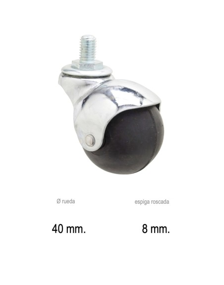 Rueda Domestica Goma Negra Esfera Espiga M8x40 mm.