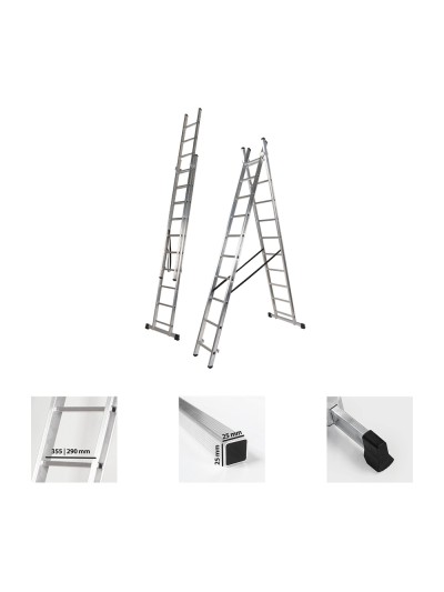 Escalera Aluminio 2 Tramos 10+10 Peldaños. Plegable, Antideslizante, Resistente