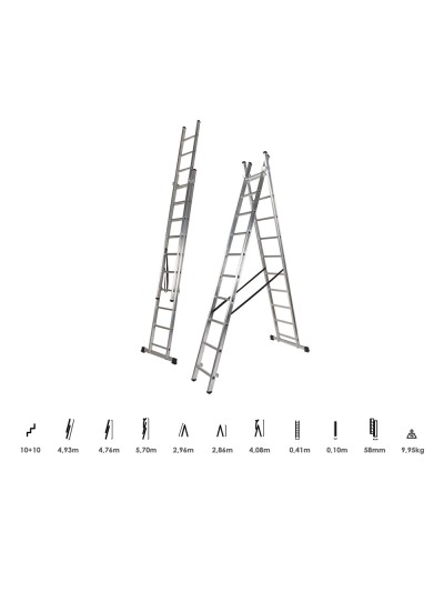 Escalera Aluminio 2 Tramos 10+10 Peldaños. Plegable, Antideslizante, Resistente