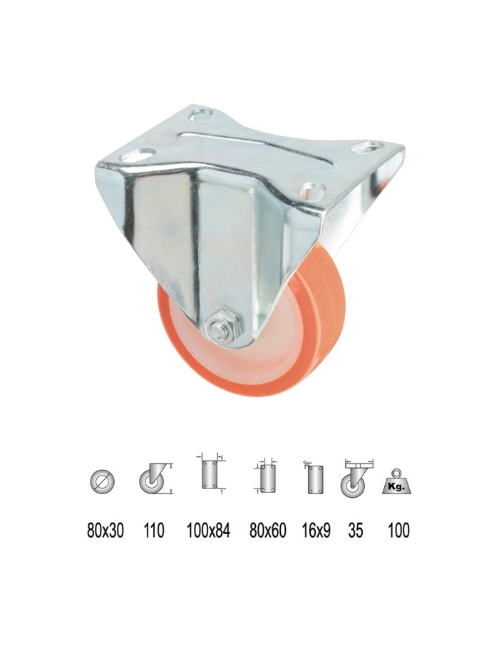 Rueda Industrial Poliuretano Fija   80 mm.