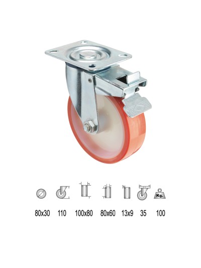 Rueda Industrial Poliuretano Placa con freno   80 mm.