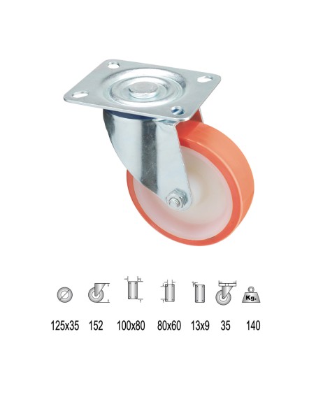 Rueda Industrial Poliuretano Placa 125 mm.